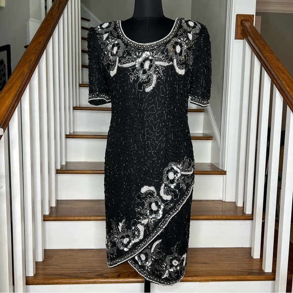Vintage Lawrence Kazar Black Silk Beaded Sequin Cocktail Dress Size L - Picture 1 of 10